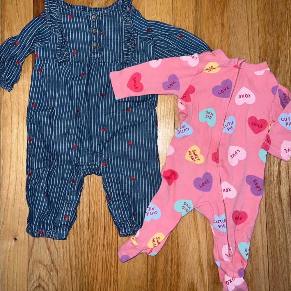 Striped Denim One Piece and Pink Heart Onesie Set